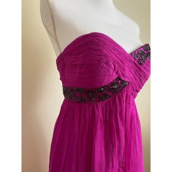 Maggy London 100% Silk dress NEW TAG fuchsia beaded pink crepe rushed fit flare - Picture 3 of 12